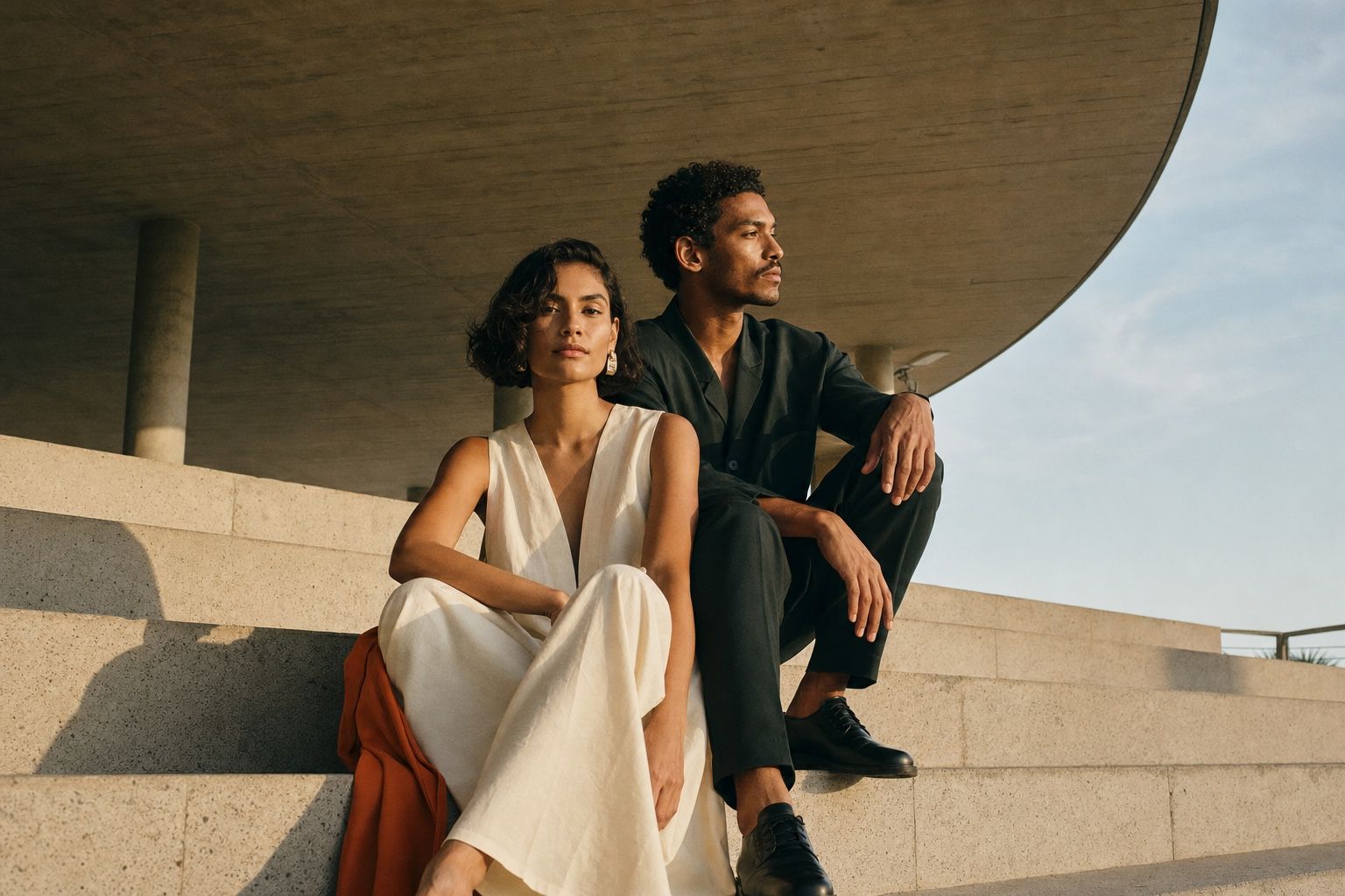 Duas pessoas vestindo peças em tons neutros sob arquitetura modernista
